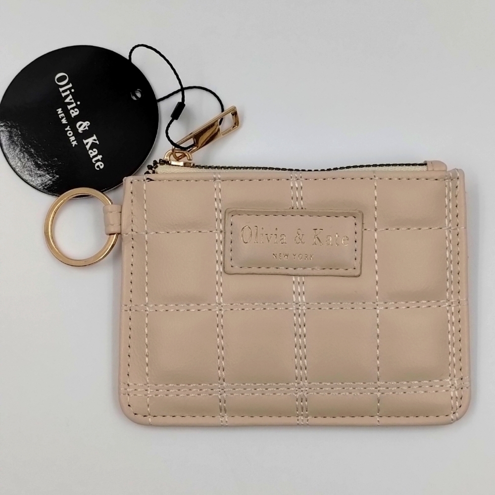 Olivia & Kate cream coin purse rose gold hardware zip top quilted stitching